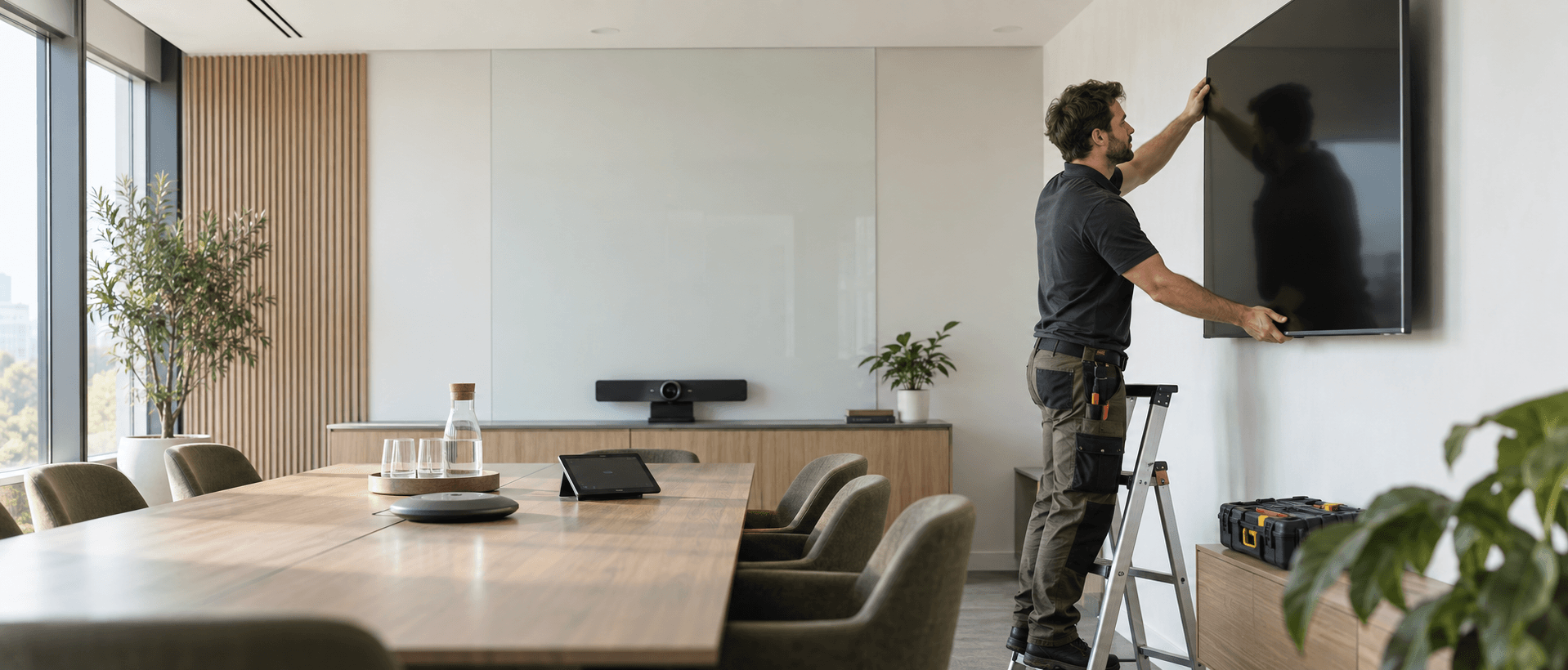 Technicien installant un écran de visioconférence au mur dans une salle de réunion professionnelle