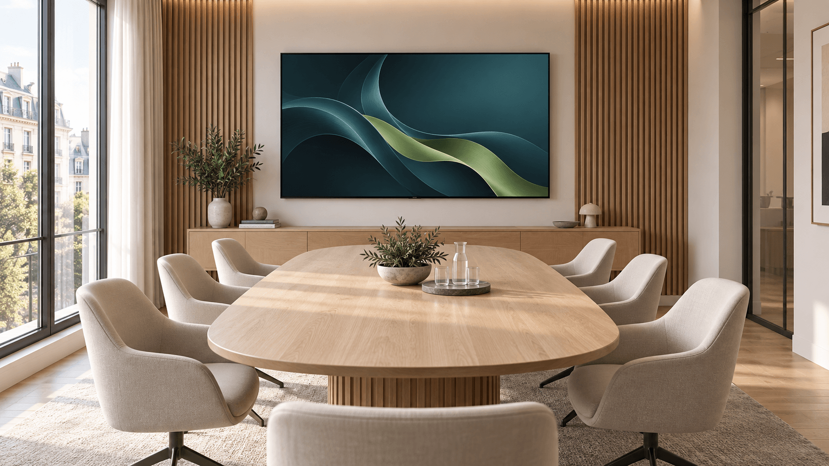 Illustration d’une salle lumineuse avec grand écran HDMI fixé sur un mur en bois